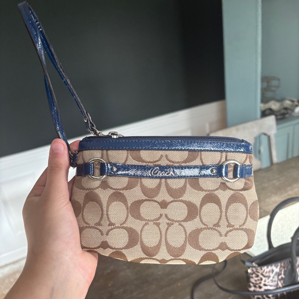 Coach Tan and Blue Signature Wristlet